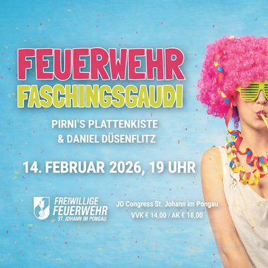 Plakat zum Feuerwehr Faschingsball 2026 im JO Congress St. Johann