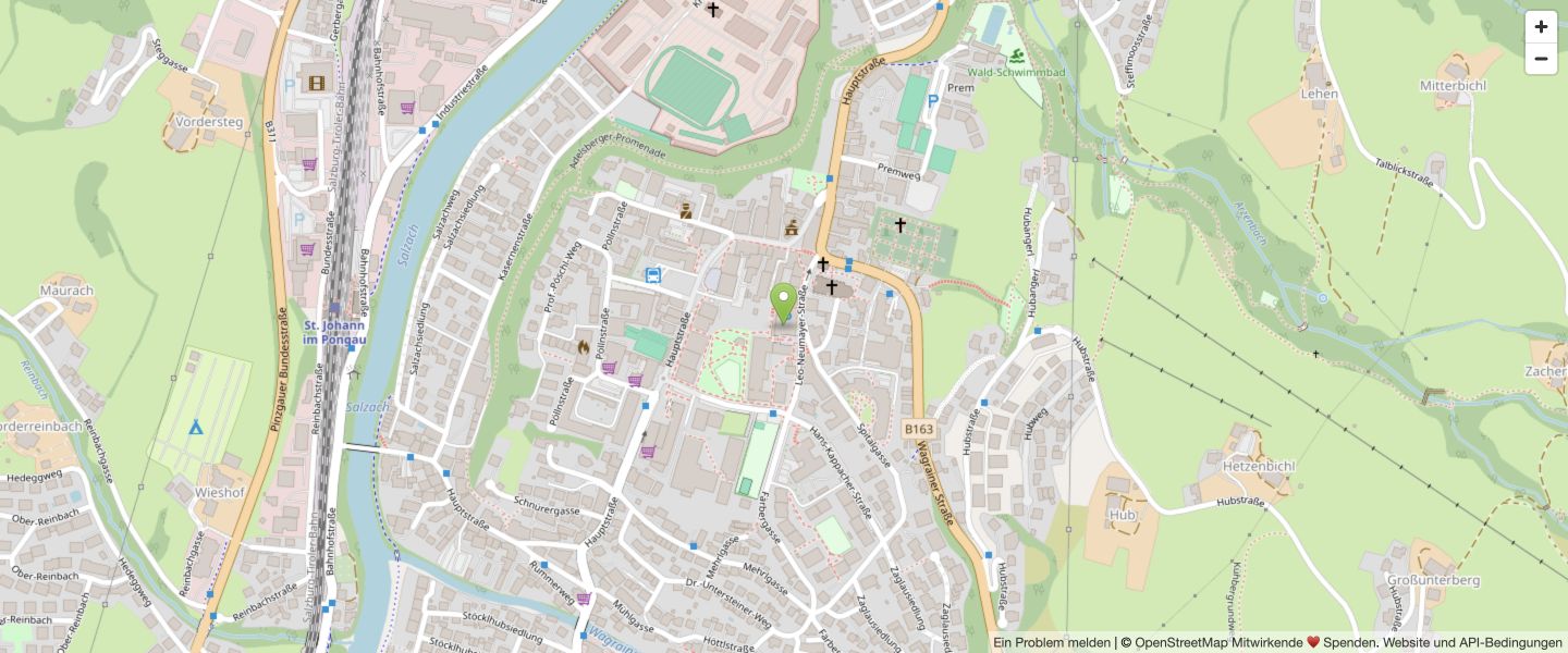 Standortkarte: JO Congress am Leo-Neumayer-Platz 1 gegenüber dem Pongauer Dom; Bahnhof westlich der Salzach.
